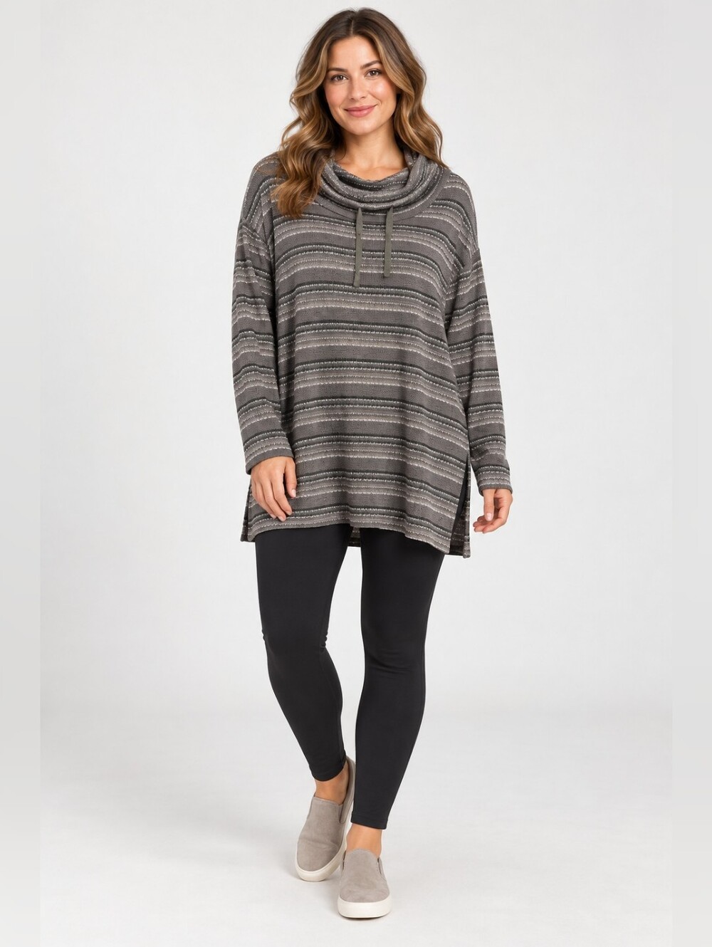 Sunday Cowl Neck Sweater Tunic Gray Stripe Long Sleeve Pullover Women’s XL